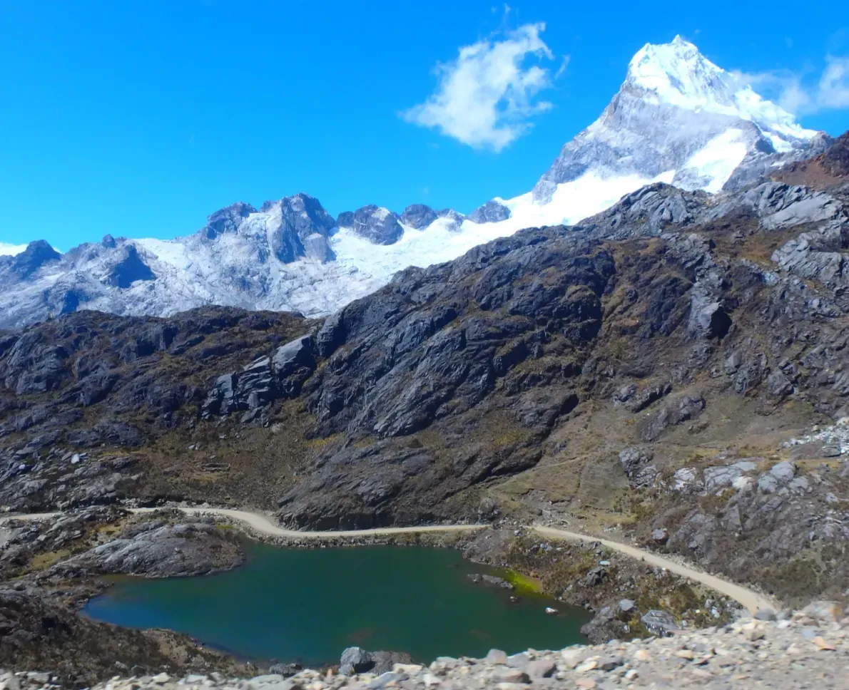 A glacial lake below a pyramid-shaped snow peak